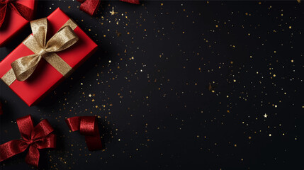 Black background. Xmas black red gift box and gold ribbon bow viewed from above for text Merry Christmas, Happy New Year and Black Friday season. Horizontal banner, website. Vector illustration