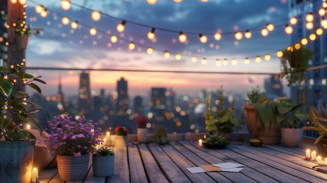 Chic Urban Rooftop Soiree Stylish Business Networking Amidst City Lights and Lush Greenery
