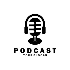 Podcast with microphone. Unique business podcast logo emblem design template.	