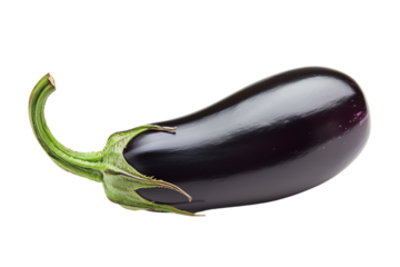 Close-up of a fresh eggplant with a shiny deep purple skin and green stem isolated on a white background.