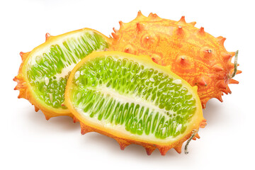 Kiwano fruit with kiwano slices isolated on white background.