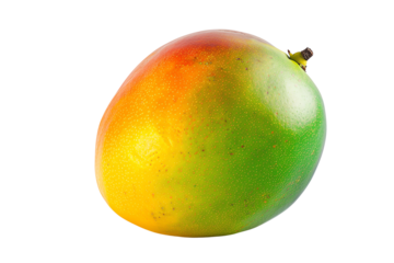Close-up of a vibrant, ripe mango with a blend of green and yellow hues. Fresh tropical fruit isolated on white background.
