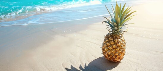 Pineapple on a sunny white sandy beach with space for text.