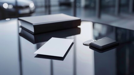 HighEnd Networking Blank Business Cards and Luxury Car Brochures on Sleek Car Hood Automotive Industry Marketing Concept