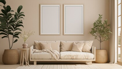 Two frame mockup, Home interior background, Room in beige pastel colors, 3d render