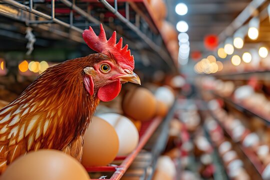A close-up of a hen in a modern chicken farm setting, surrounded by eggs.