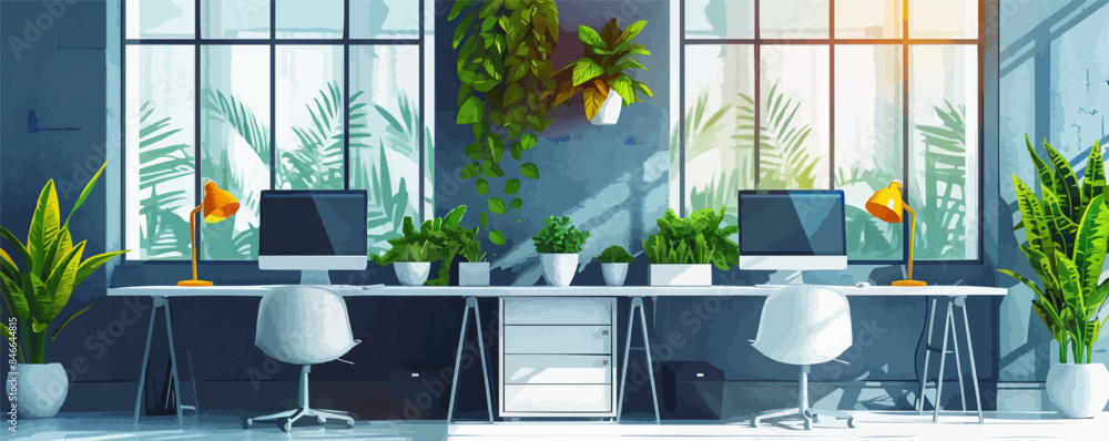 Poster modern office workspace with computers and plants vector flat minimalistic isolated