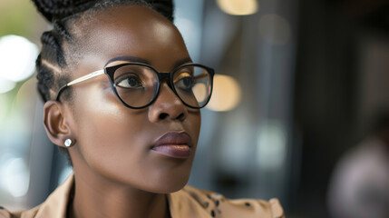 A professional woman with glasses and braided hair, staring attentively at something off-frame, embodying focus and determination at work.