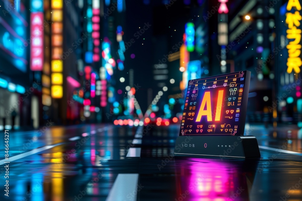 Poster ai interface on a digital screen in a bustling city, highlighting the integration of artificial inte
