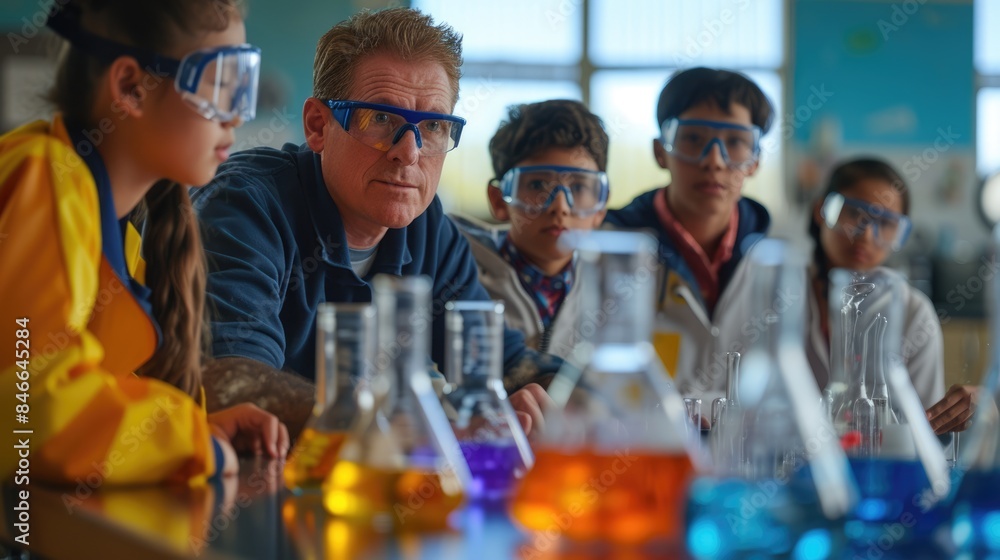 Poster a fun event is taking place in a lab where a group of children are conducting a science experiment, 