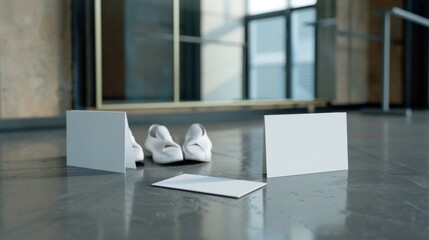 Professional Ballet Studio Blank Business Cards and Dance Shoes on Mirrored Floor with Barre Reflection