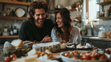 A couple is happily having breakfast in a warm kitchen with cheeses, vegetables, and a delightful atmosphere