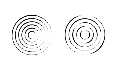 Circular ripple icons. Concentric circles with dotted lines isolated on white background. Vortex, tornado, sonar wave, shockwave, radio or radar signal signs. Vector graphic illustration