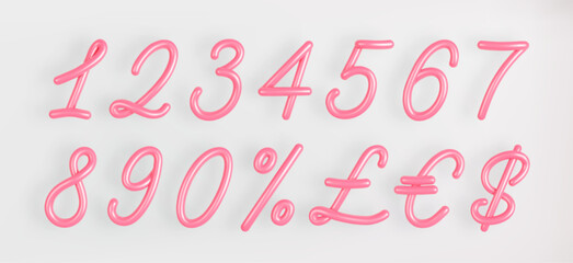 3D Pink Script Number Set 1,2,3,4,5,6,7,8,9,zero,dollar, pound, euro and percentage symbol on light background.