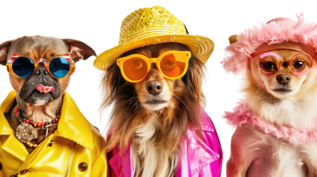 Cool group of cats and dogs on summer vacation on transparent background