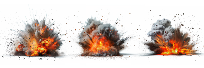 Realistic explosion effects on transparent background. Set of explosions and blasts