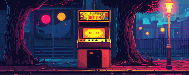 Retro arcade game cabinet with a classic Pac-Man machine Vector flat minimalistic isolated illustration