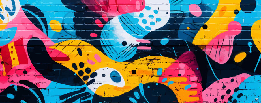 Vibrant street art mural with graffiti and tags. Vector flat minimalistic isolated