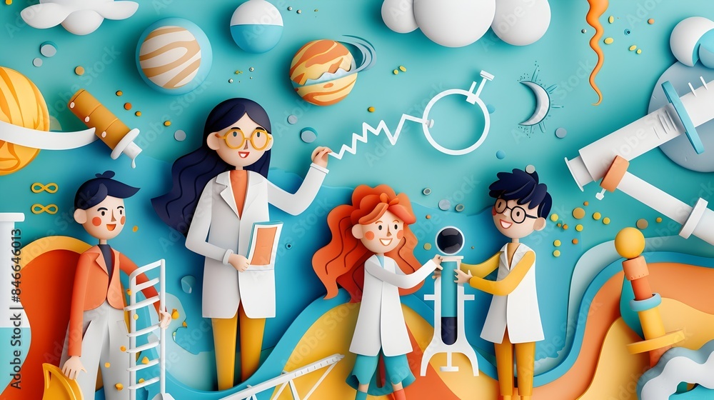 Poster group of students collaborating on science project in minimal papercut style