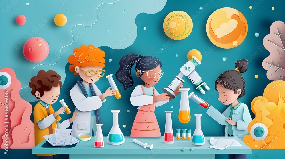 Poster group of students collaborating on a science project in paper cut style