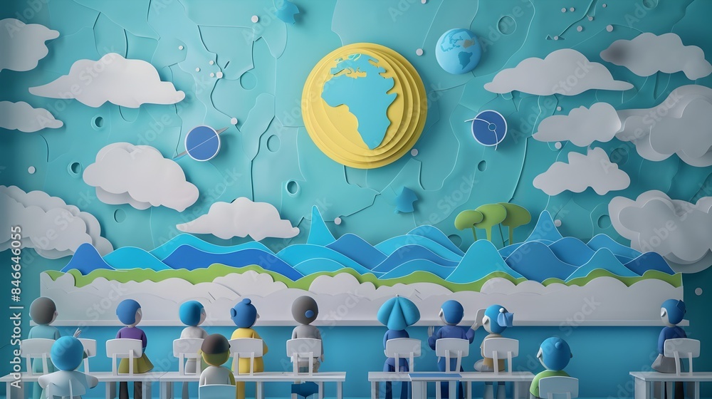 Poster minimal paper cut of students learning about ozone layer in classroom