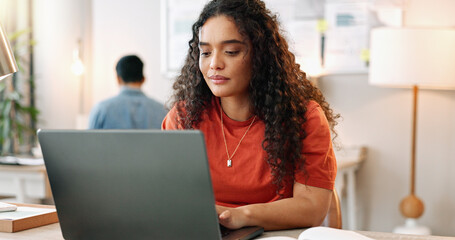 Typing, woman and smile at desk with laptop, communication and update in office. Female journalist,...