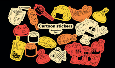 asian food stickers set sushi, ramen, noodles, onigiri, japanes food. Retro cartoon characters. Vector illustrations set for cafes and restaurants