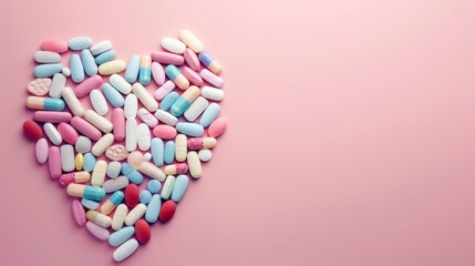 Heart Health Colorful Capsules Forming Love Symbol on Soft Pastel Background Medical Concept for Cardiology and Wellness