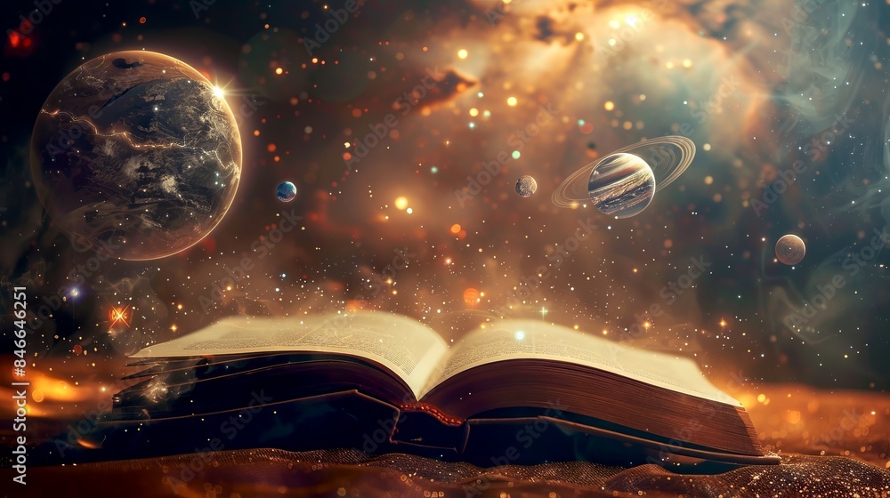 Poster open book floating in space with planets and stars all around, representing knowledge and imaginatio