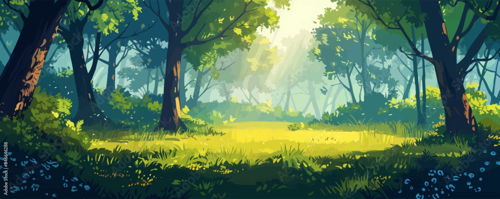 Poster a peaceful forest glade with sunlight filtering through the trees. vector flat minimalistic isolated