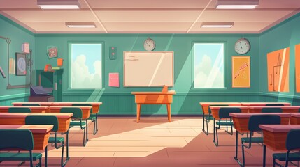 School classroom flat color vector illustration: empty class with rows of desks and chairs, space for studying and teaching, middle school room 2d cartoon interior with chalkboard in background
