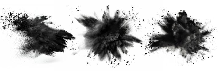 Set of black explosive powder bursts on transparent background