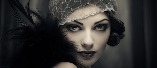 A stunning woman in classic flapper style, captured in a black and white photo reminiscent of the glamorous 1920s era, with a vintage feel. . with copy space image. Place for adding text or design