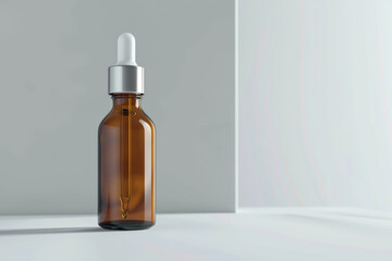 Fototapeta premium A stylish brown glass dropper bottle standing in soft light, casting a subtle shadow, positioned against a simple, minimalist backdrop.