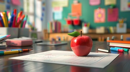 Empowering Education Teacher's Desk with Vibrant Lesson Plans Business Cards and Cheerful Apple School Supplies and Classroom Essentials Stock Photo