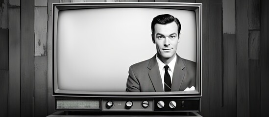 Vintage man in monochrome attire from a 1950s TV ad with copy space image.