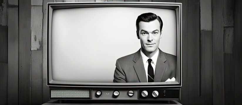 Vintage man in monochrome attire from a 1950s TV ad with copy space image.
