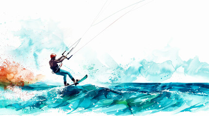 Kiteboarder Showcasing Tricks on Turquoise Ocean Waves   Sunny Sky Ink Watercolor Illustration on White Background