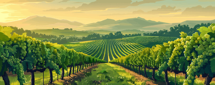 A serene countryside vineyard with rows of grapevines stretching to the horizon. Vector flat minimalistic isolated illustration.
