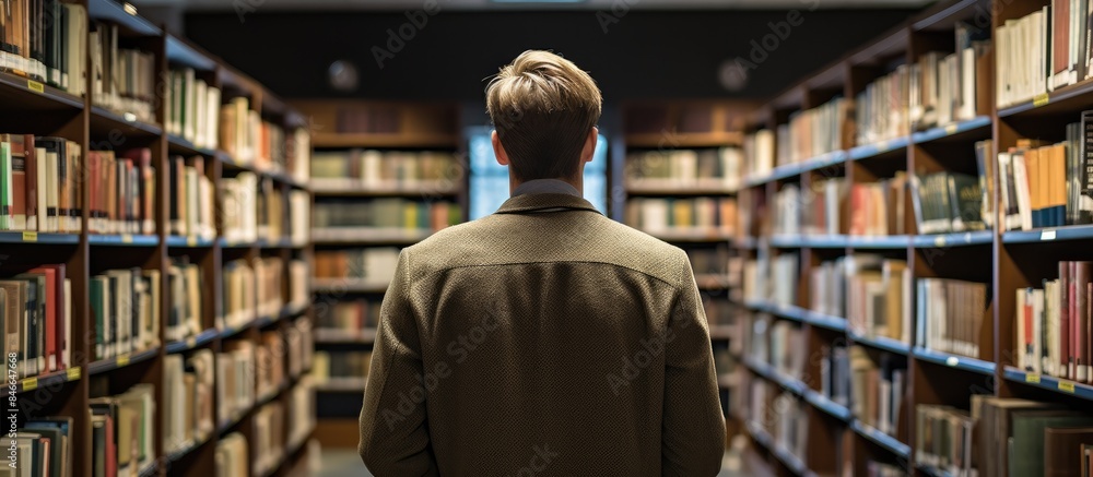 Poster a young male student reading a book in the library while sitting near a bookshelf and facing the cam