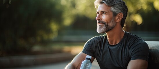 Middle-aged man holding a water bottle, with fit physique resting after workout or running, in a copy space image. - Powered by Adobe