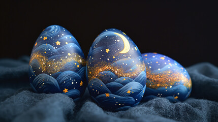 Surrealism of shiny blue and purple eggs with marble texture,
Hand drawn Easter eggs with a sky theme, Space eggs, Illustration of glowing galaxy eggshells