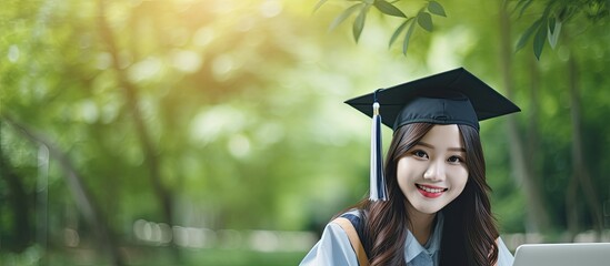 Young Asian woman with laptop, wearing a graduation cap, symbolizing online education, scholarship, and studying abroad in a copy space image.