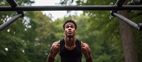 A muscular young African American man exercising on dip bars in a workout park, creating a striking image with ample copy space.