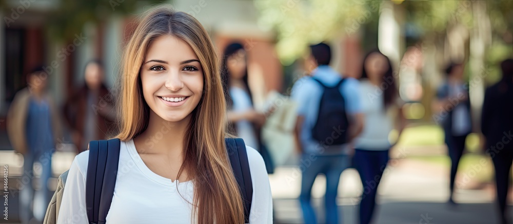 Poster a young, attractive female college student with her classmates visible in the background in a copy s
