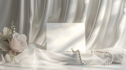 Chic Bridal Boutique Blank Business Cards on a Counter with Soft Tulle Fabric and Pearls Wedding Planning and Fashion Concept
