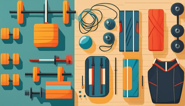 Versatile gym equipment flat design top view athletic theme animation Splitcomplementary color scheme - Powered by Adobe