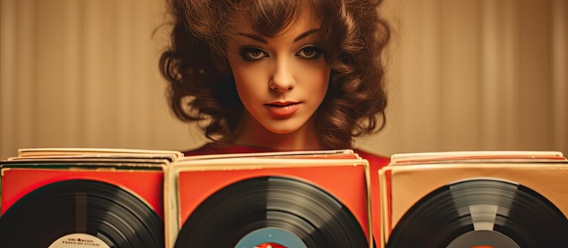 A woman holding an analog LP record album, adding a retro and vintage touch to her music collection, with a stack of old records for a nostalgic ambiance in the copy space image.
