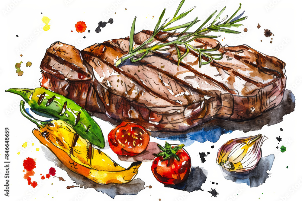 Wall mural Juicy Beef Steak with Grilled Veggies and Rosemary, Charming Ink Watercolor Illustration on White Background - Wall murals