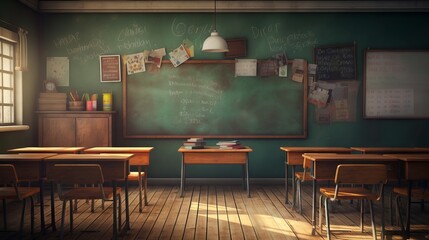 Empty school classroom with neatly arranged desks and a black chalkboard in the background
